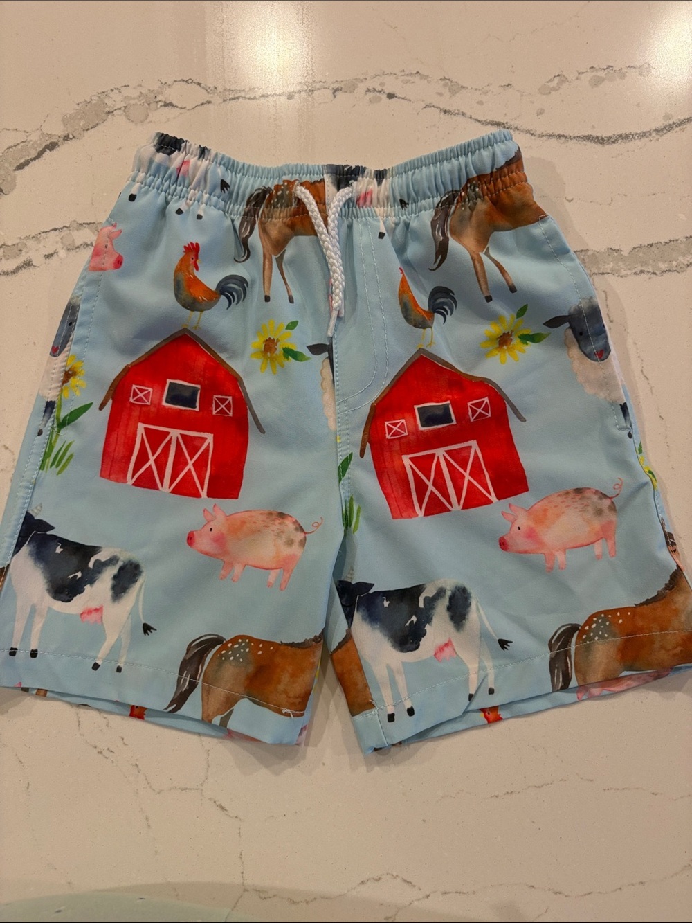 Kids Light Blue Farm Animal Swim Trunks
